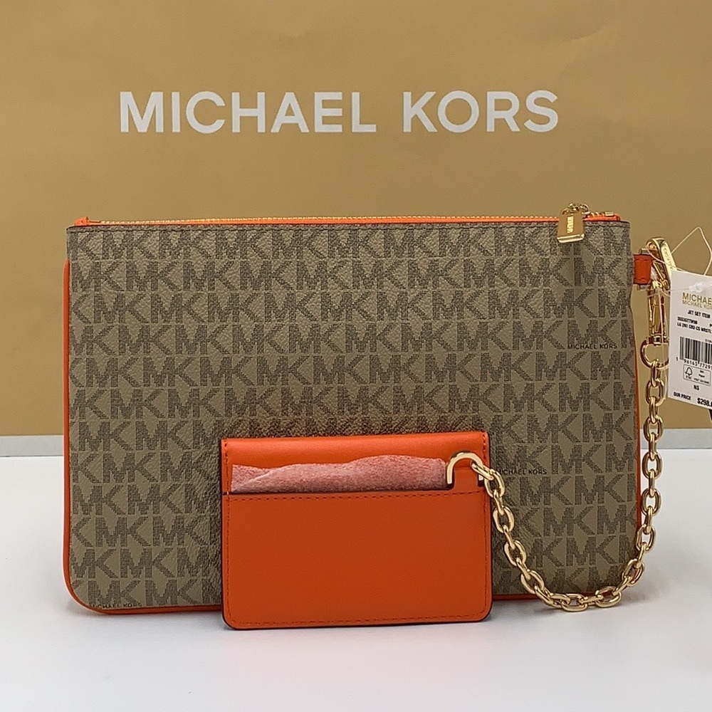Michael Kors Jet Set LG 2 in 1 card case wristlet Wallet POPPY BROWN SIGNATURE - Picture 7 of 16